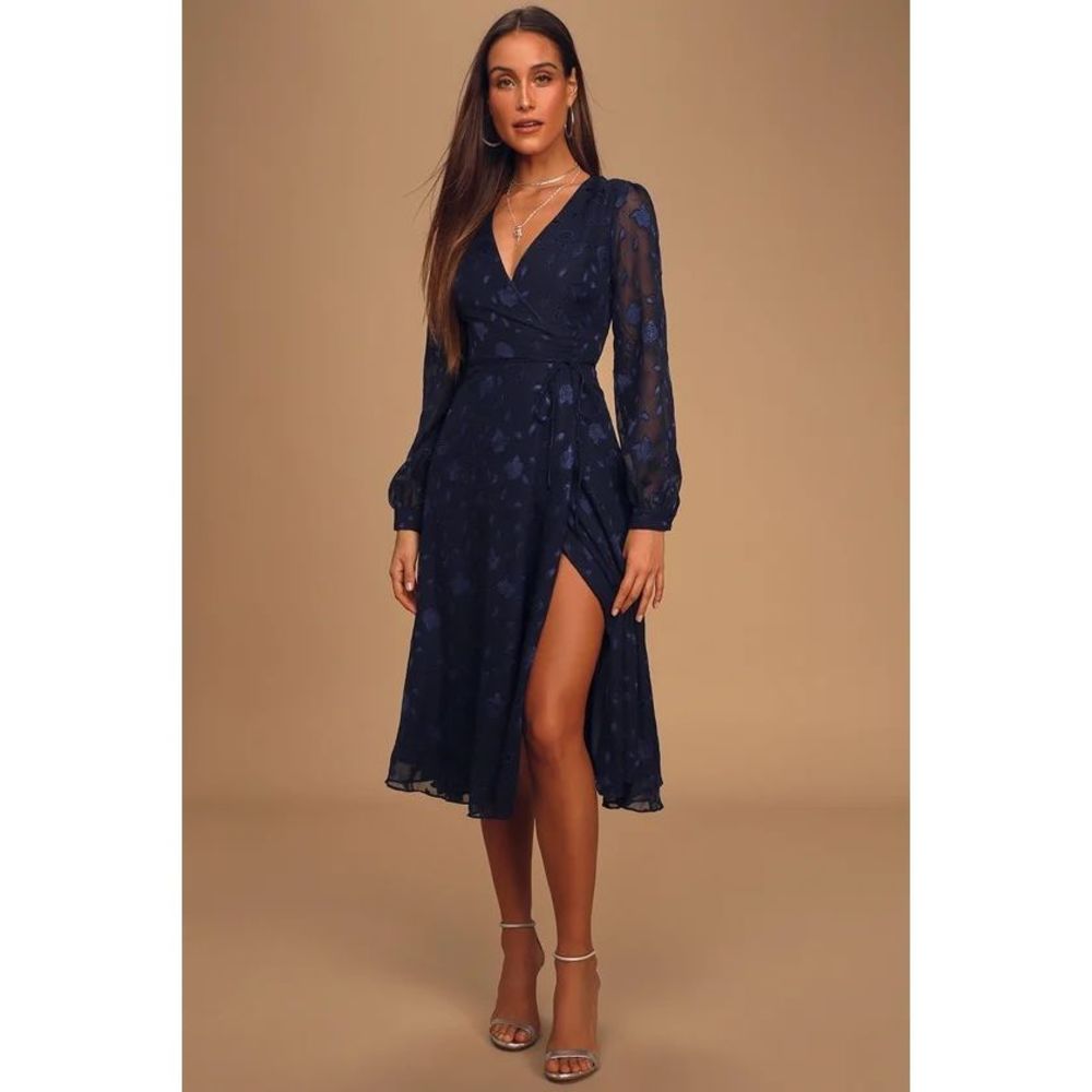 NWT lulus Evening of Elegance Navy Blue Floral Jacquard Wrap Midi Dress Sz L